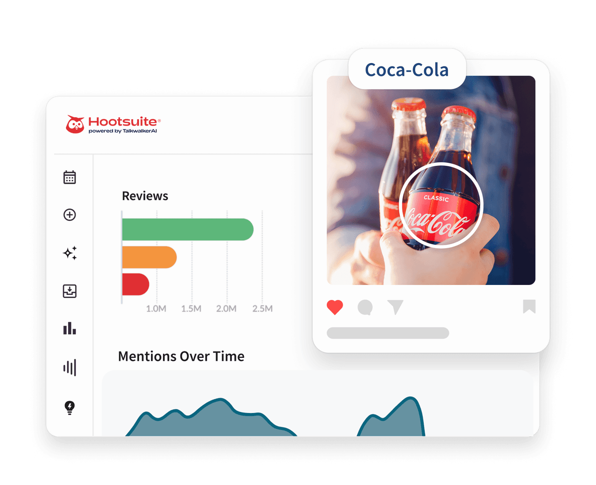 Dashboard di Hootsuite che mostra l'analisi del brand con un post social di Coca-Cola che presenta due bottiglie di vetro tenute in mano.