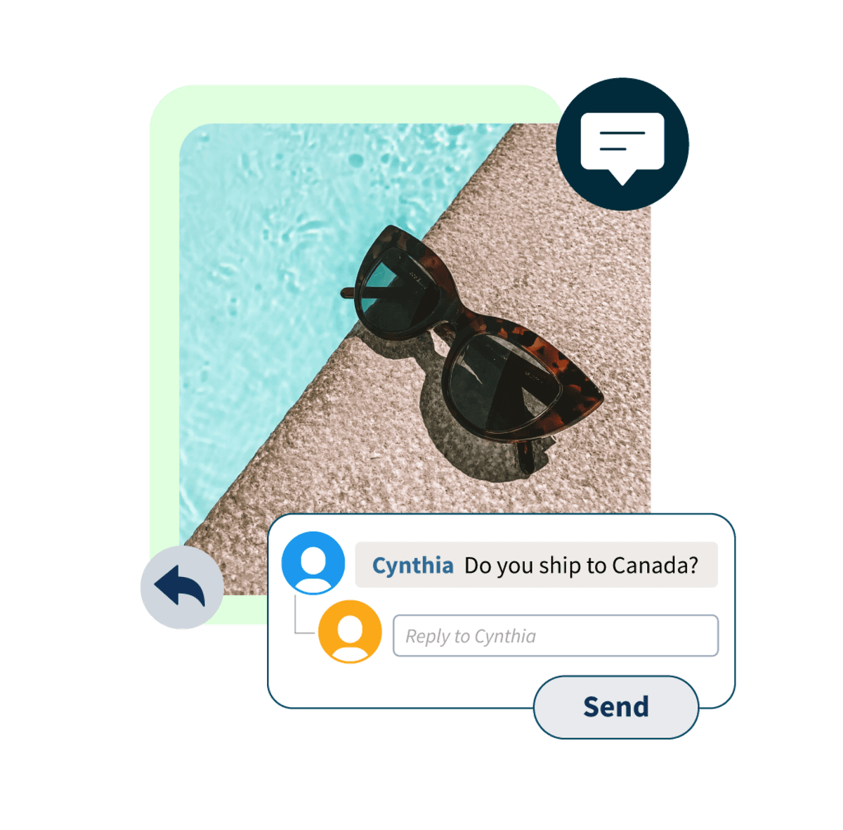 photo de lunettes de soleil au bord de la piscine avec une fenêtre pop-up d'un commentaire disant « expédiez-vous au canada ? »