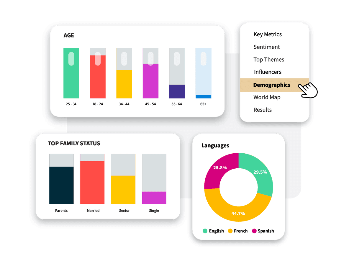 Panel de control demográfico que muestra la distribución por edad, estado familiar y preferencias de idioma con gráficos y tablas coloridos