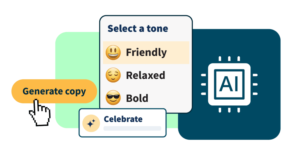 Graphic showing Hootsuite's AI writing tool with tone dropdown