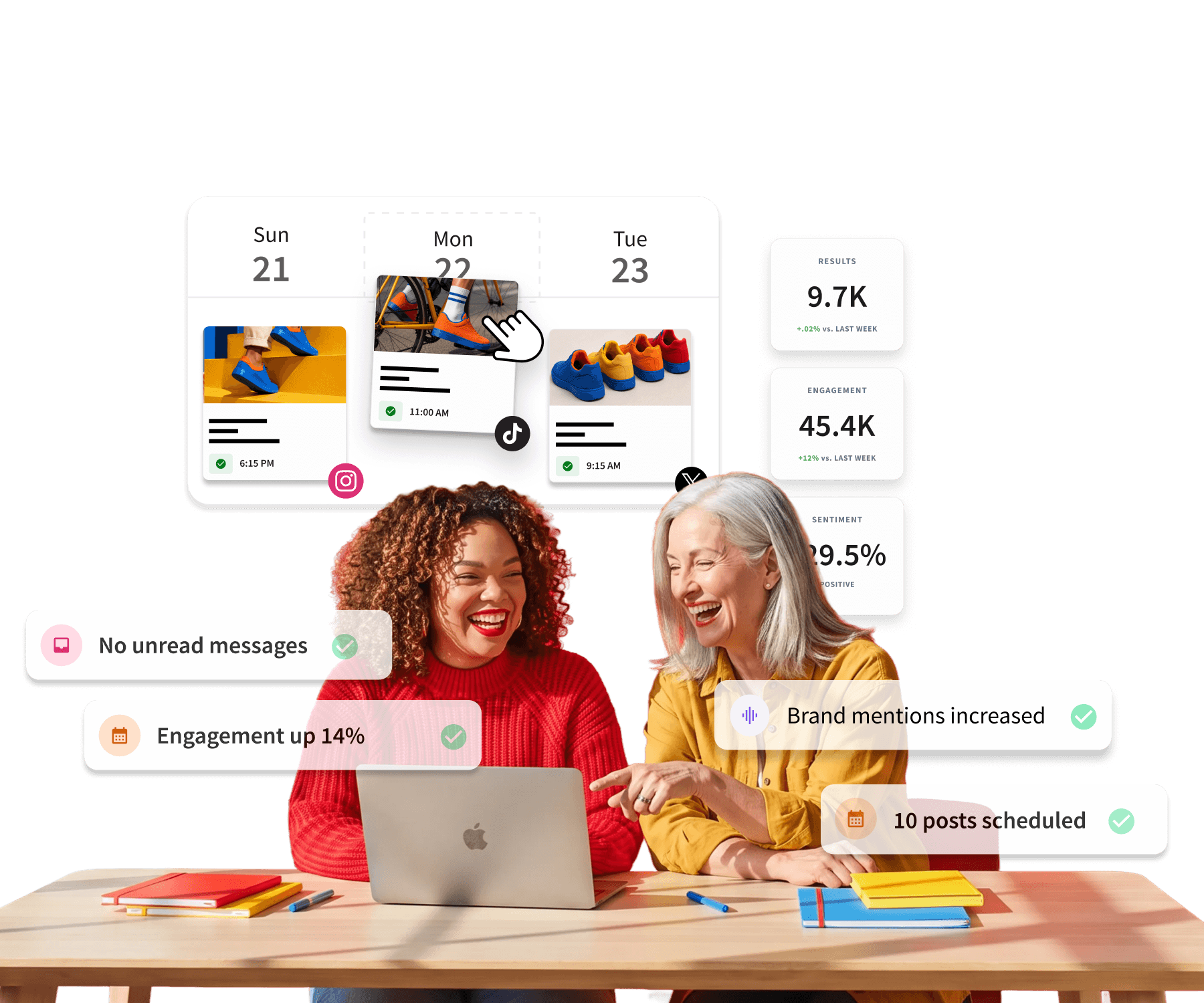 Two women smiling at a laptop with social media scheduling dashboard showing posts, engagement stats, and campaign approvals.