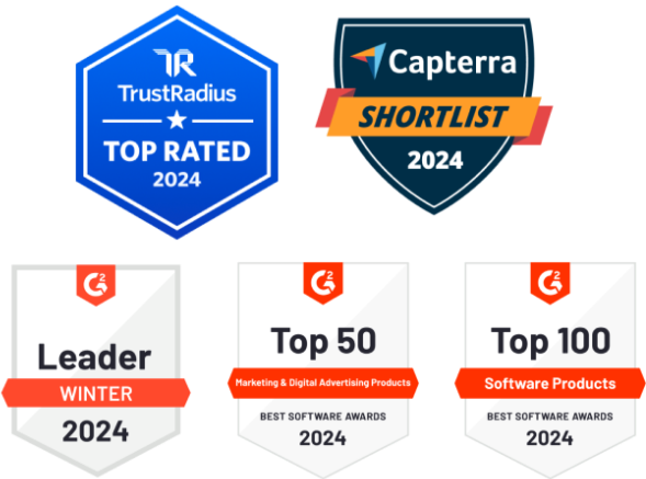 Five award badges recognizing Hootsuite as a top rated social media management platform.