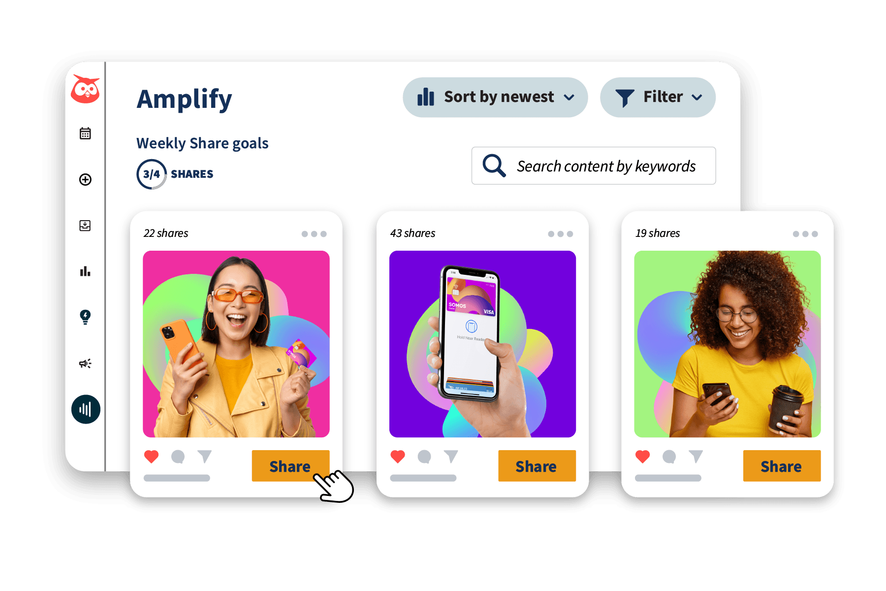 Social-Media-Content-Dashboard, das drei farbenfrohe Beiträge zeigt, mit Share-Zählern und Interaktions-Buttons vor lebendigen Hintergründen