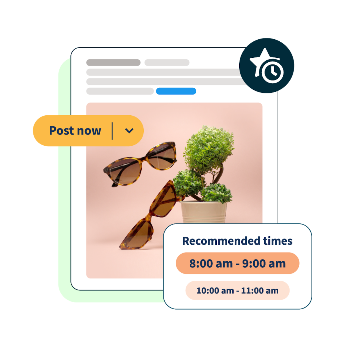publication de lunettes de soleil sur les médias sociaux avec des fenêtres pop-up « heures recommandées » et « publier maintenant »