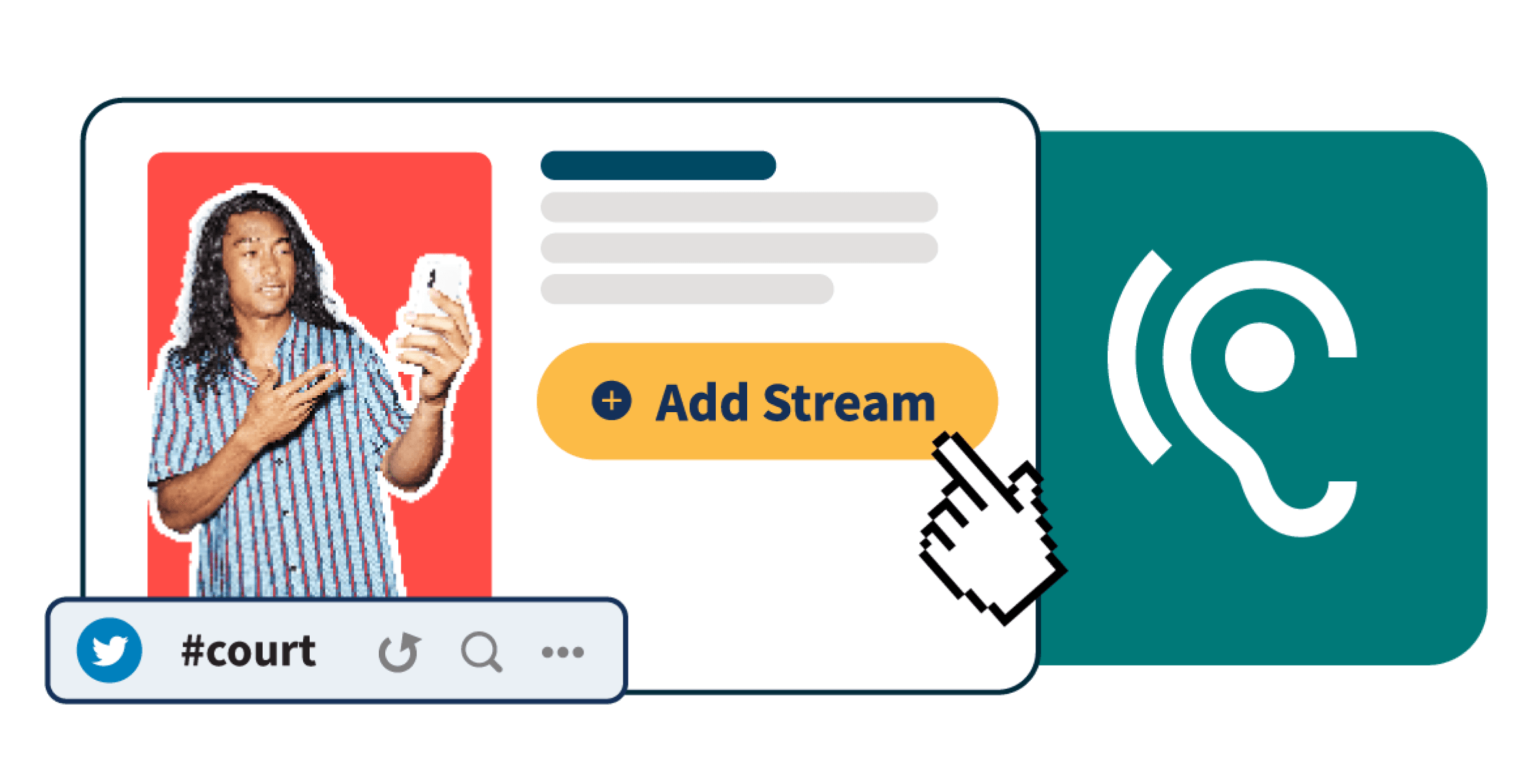 Social Listening-Grafiken mit Ohrsymbol und einem Mann, der auf sein Handy schaut