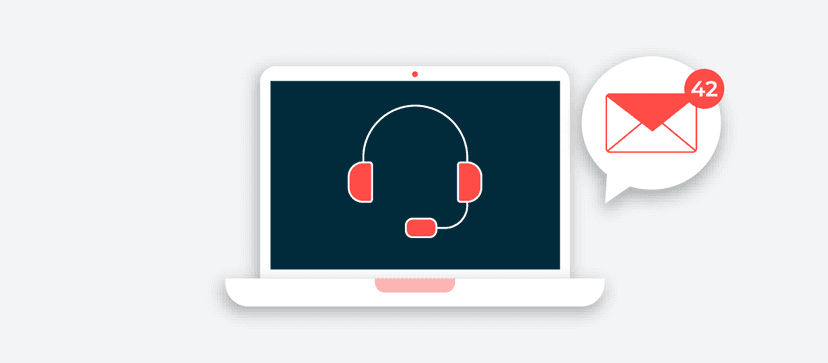 Laptop mit Headset-Symbol und Mikrofon auf dunklem Bildschirm, mit einer E-Mail-Benachrichtigung, die 42 ungelesene Nachrichten anzeigt