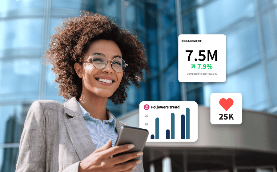 Frau, die ein Telefon hält, umgeben von Diagrammen und Grafiken