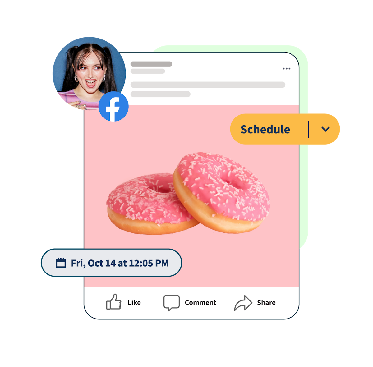 Facebook post of donut image with schedule button and date