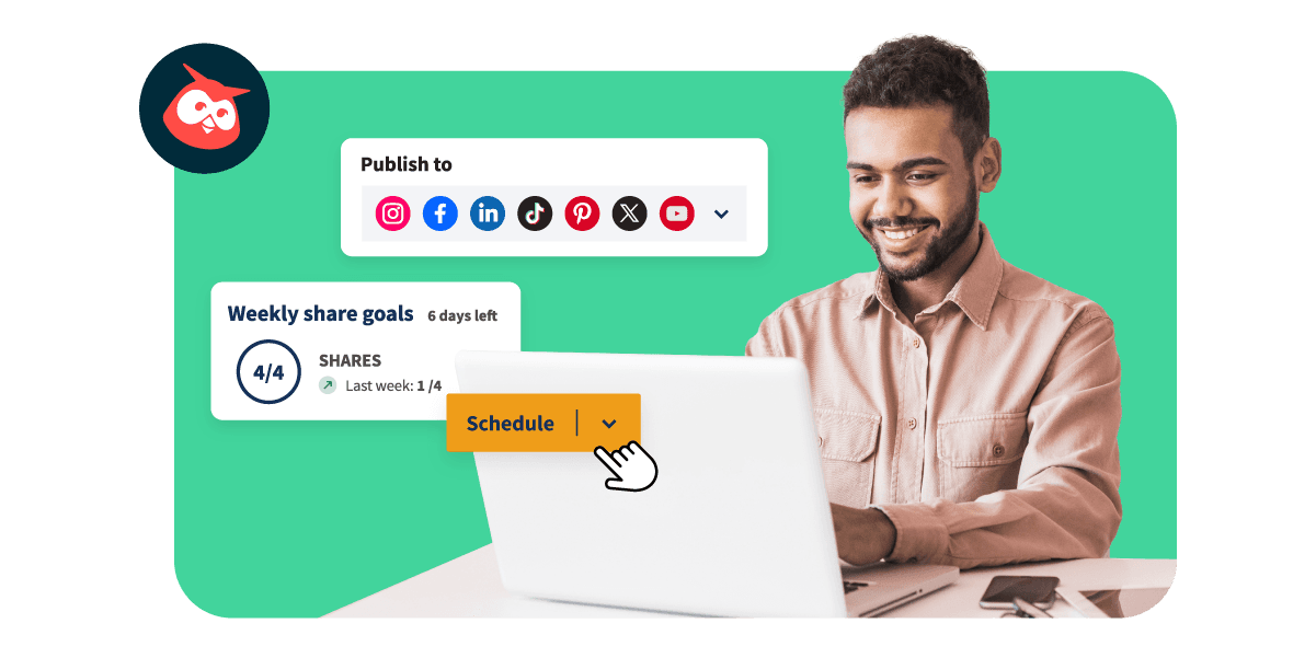 Mann am Laptop verwendet Hootsuite Amplify