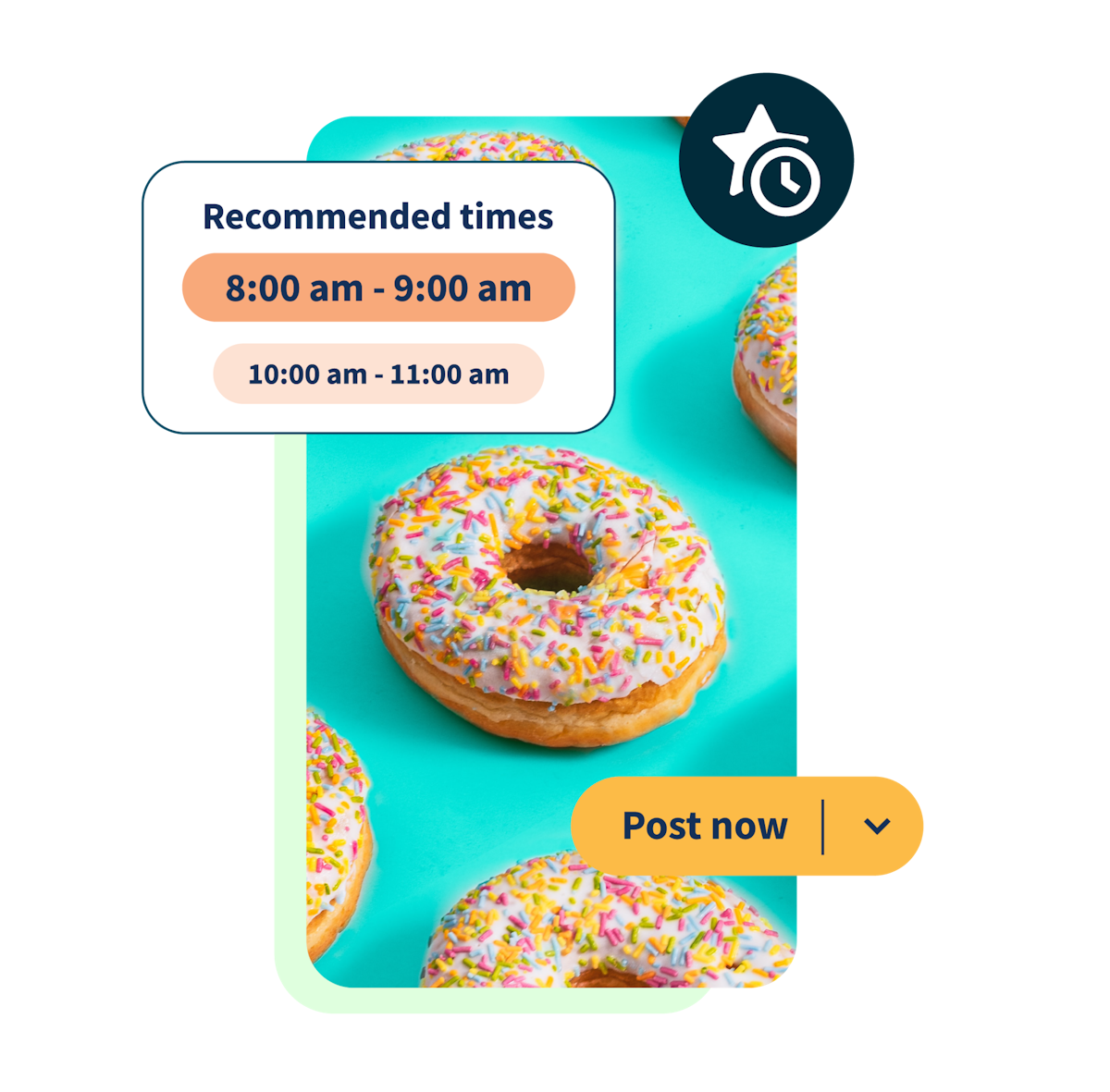 Picture of a donut with "recommended times" and "post now" buttons