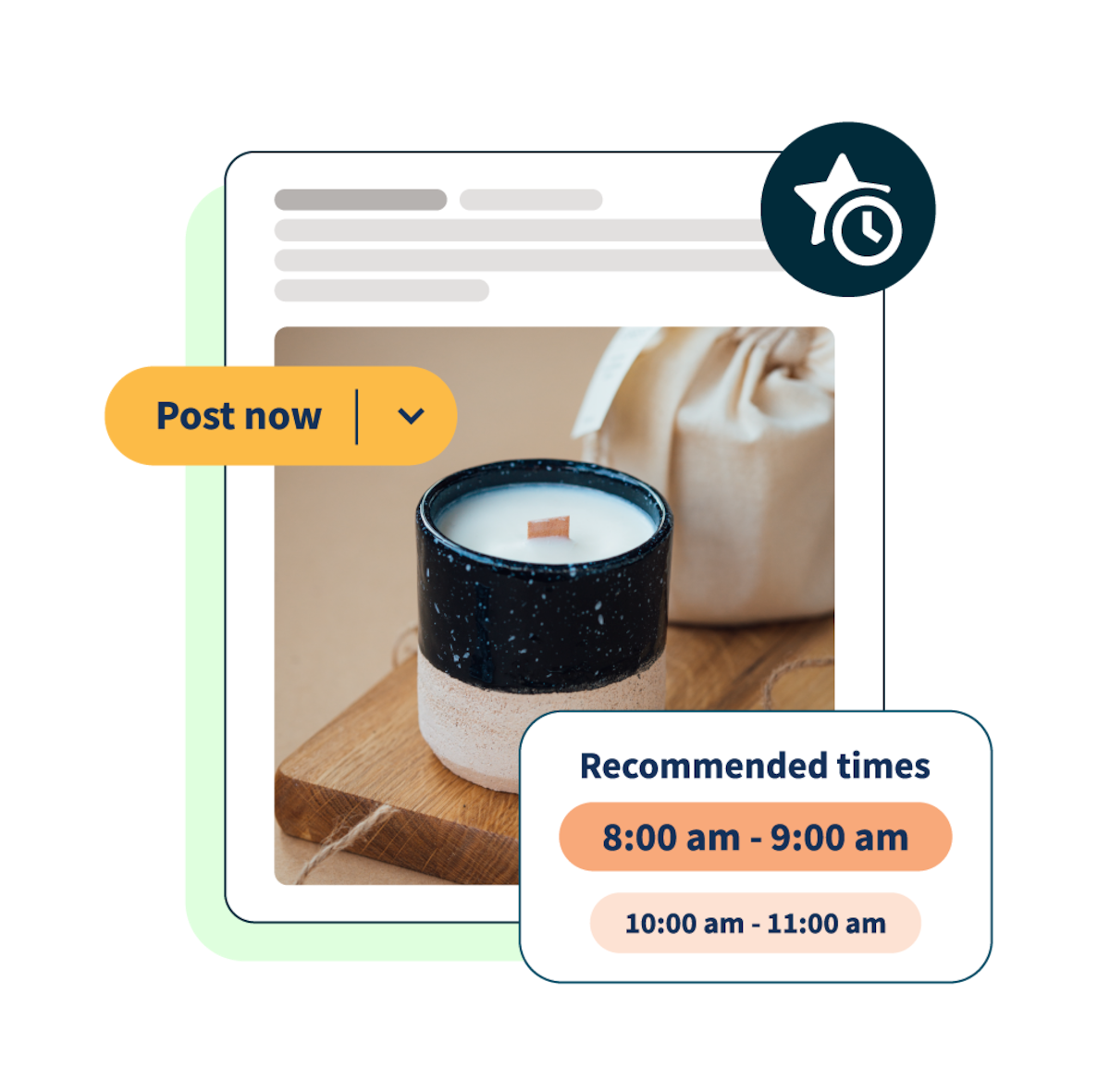 image of a candle accompanied by 2 pop-ups saying "post now" and "recommended times"