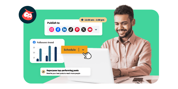 Mann am Laptop mit Hootsuite-Funktionen
