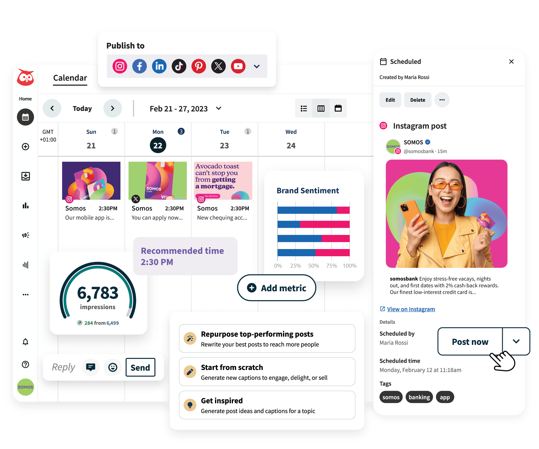 Hootsuite-Dashboard mit Kalender, geplantem Beitrag und OwlyWriter-KI-Tools