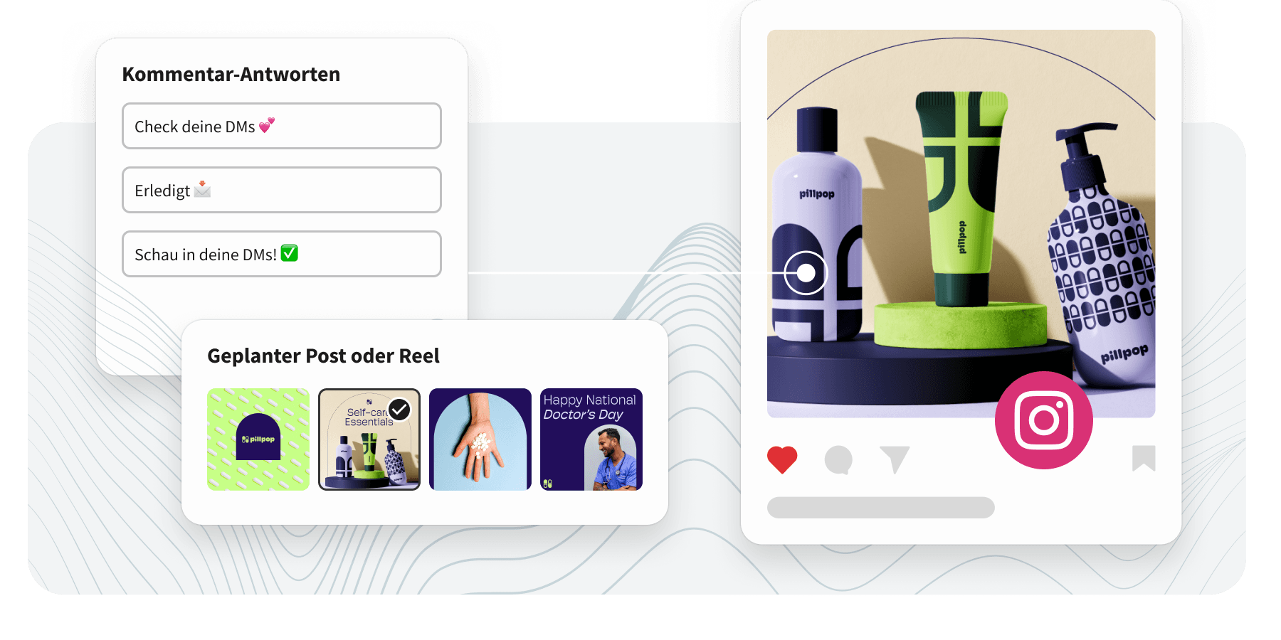 Social media management UI showing comment reply templates, scheduled posts grid, and an Instagram self-care product post.
