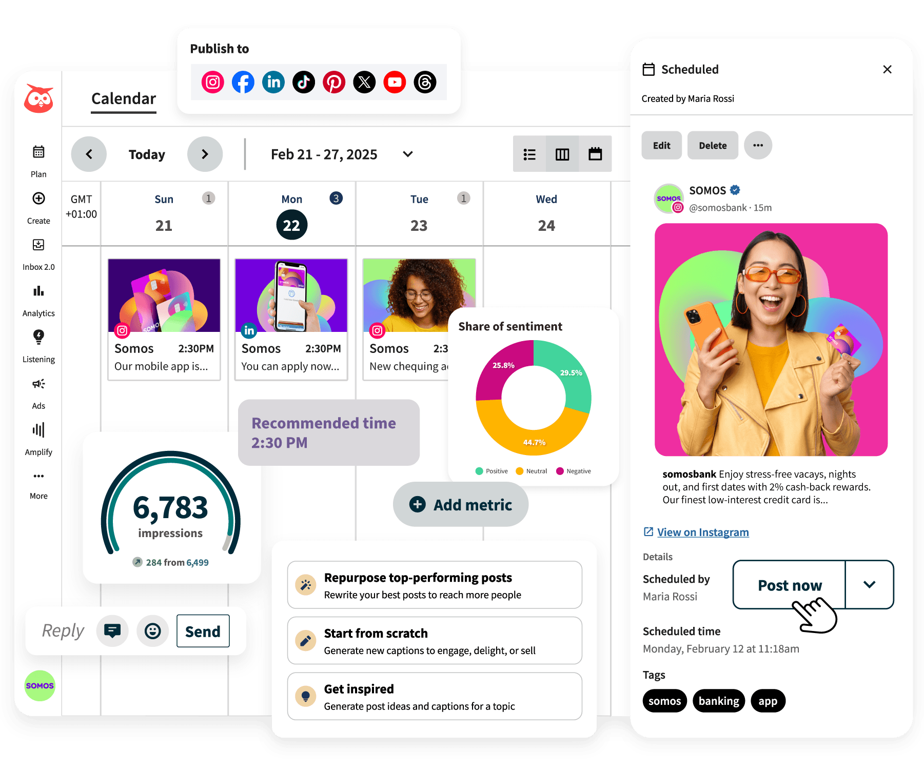 Capturas de tela do painel de controle da Hootsuite