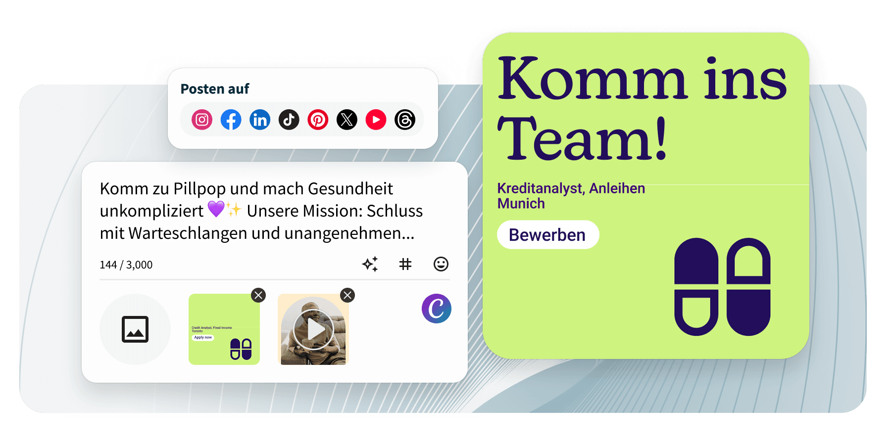 Social media publishing tool showing a post composer with platform icons and a green job ad card reading Join our team.