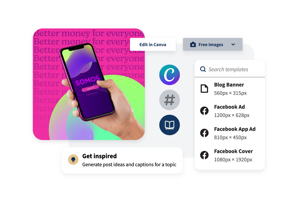 Exemplo de alguns modelos do Canva, incluindo banner de blog, anúncio do Facebook e imagem de capa do Facebook.