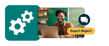 Homme travaillant sur un ordinateur portable avec l'icône d'engrenage et le bouton « Exporter le rapport »