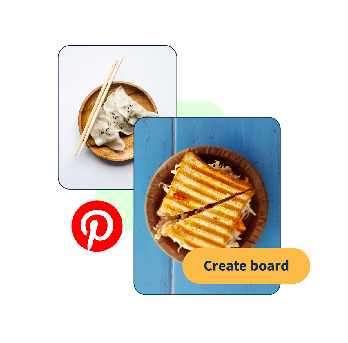Bild von einem Sandwich und Knödeln mit einem Pop up-Button „Board erstellen“
