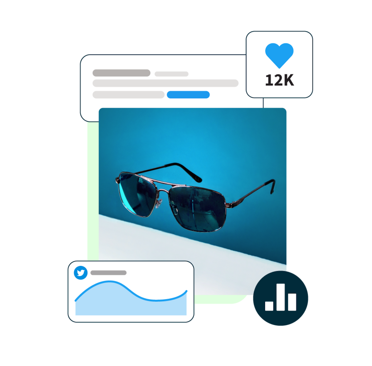 imagem de óculos de sol em suspensão sobre um fundo azul, com pop-ups de estatísticas de redes sociais ao redor.