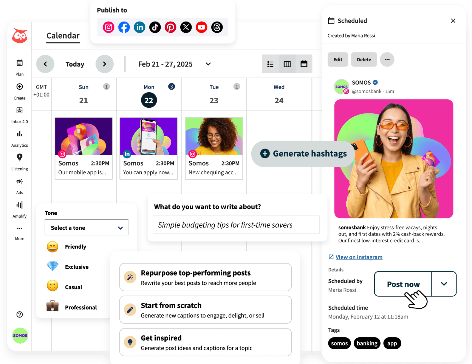 Painel de controle Hootsuite com recursos de automação