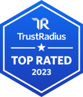 TrustRadius-Badge, der Hootsuite im Jahr 2023 als „Top Rated“ bewertet