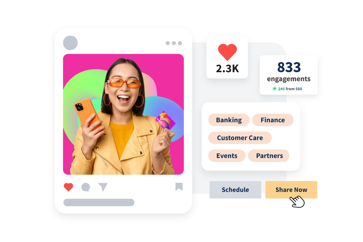 Grafik, die einen Social Media-Beitrag mit Interaktionen, Likes und Tags zeigt