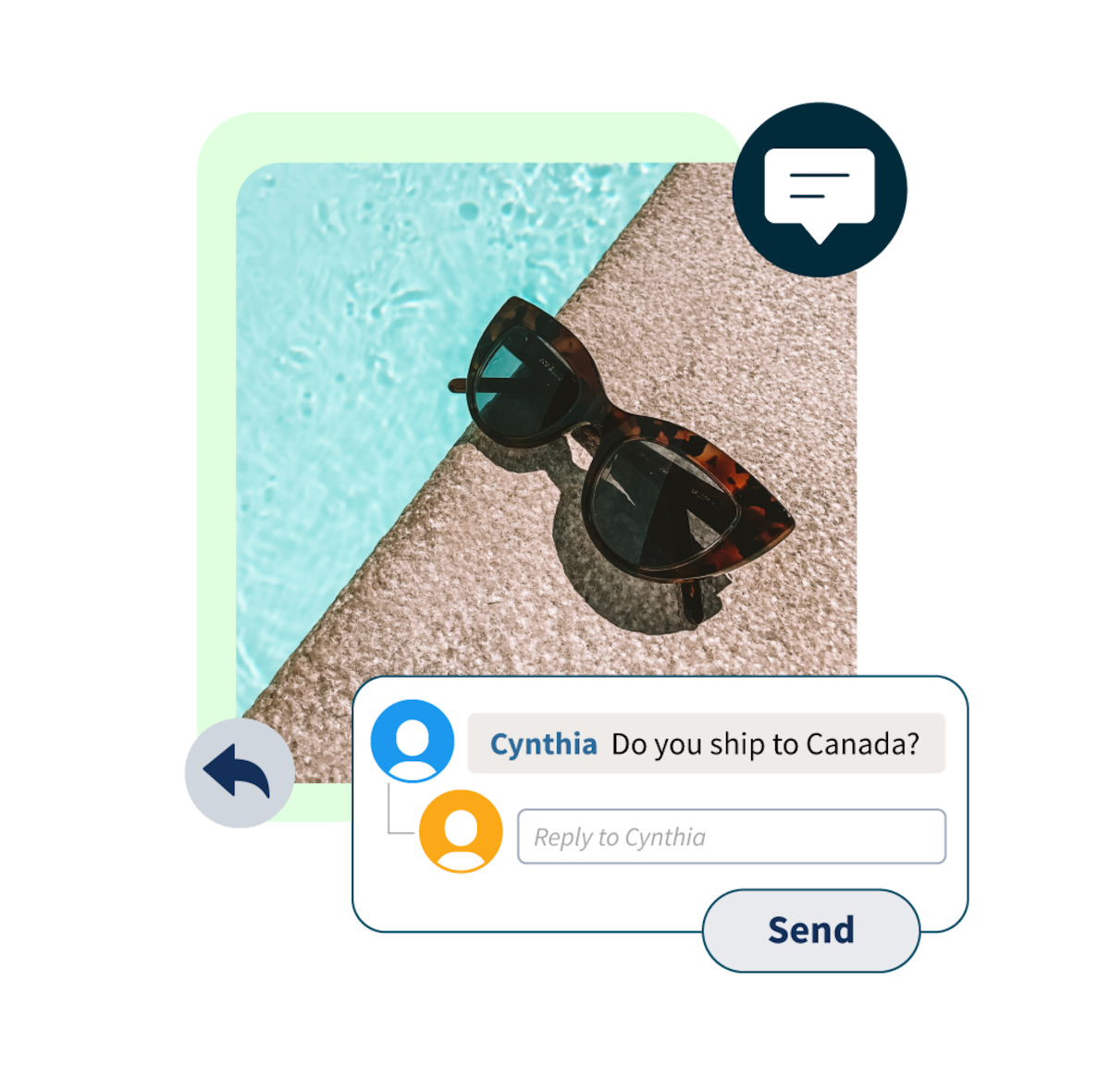 photo de lunettes de soleil au bord de la piscine avec une fenêtre pop-up d'un commentaire disant « expédiez-vous au canada ? »
