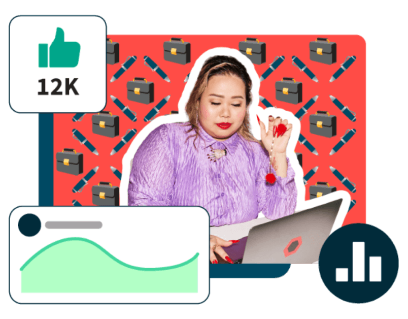 Homem trabalhando em laptop com gráficos mostrando o painel de controle Hootsuite