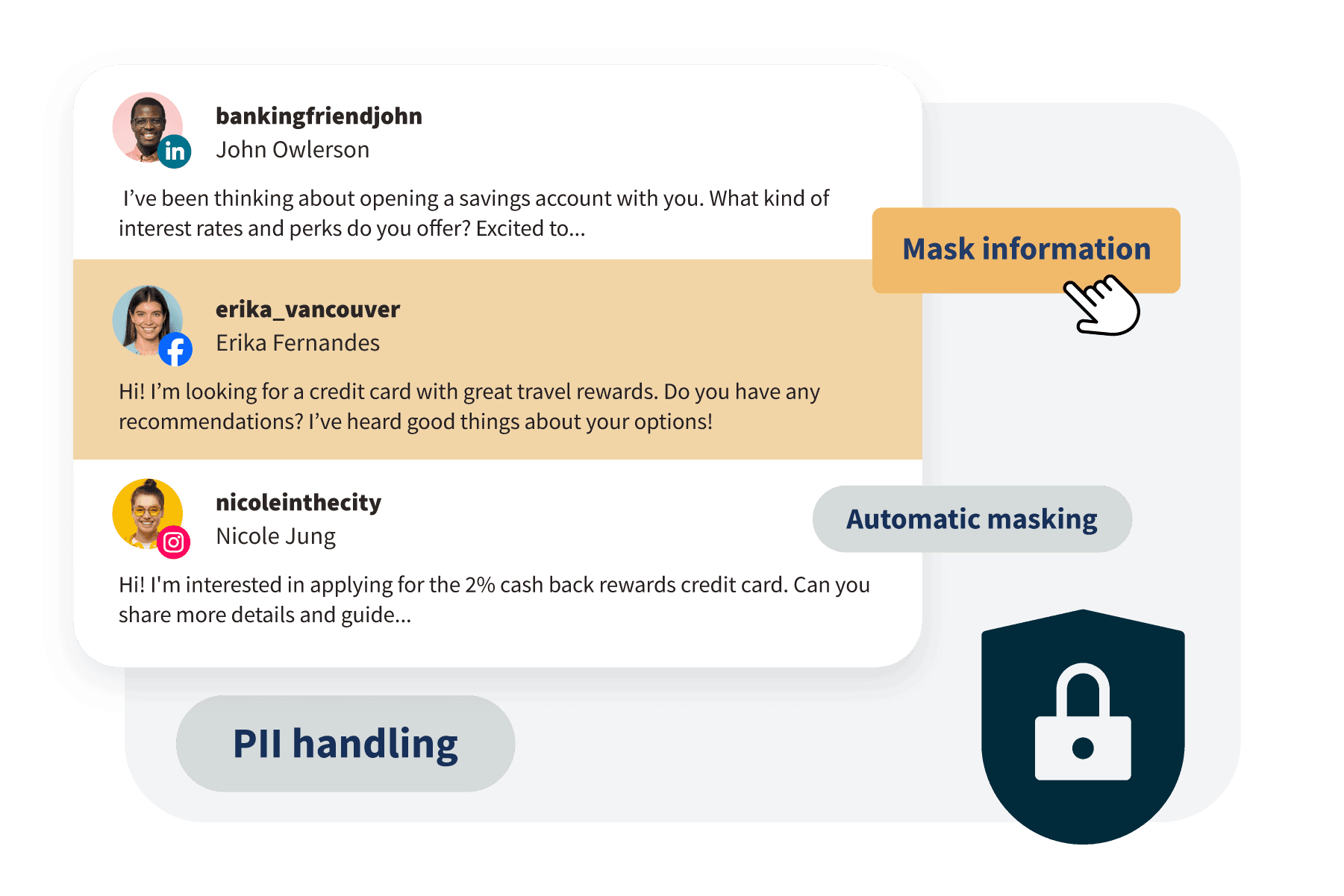 Hootsuite Inbox mit PII-Verarbeitung, automatischer Nachrichtenmaskierung und Schlosssymbol